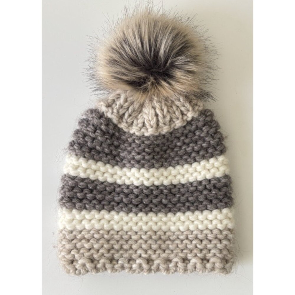 Nardi & Tagliaferri Knit Beanie Hat Italy alpaca winter pom pom tan gray wool - Picture 2 of 4